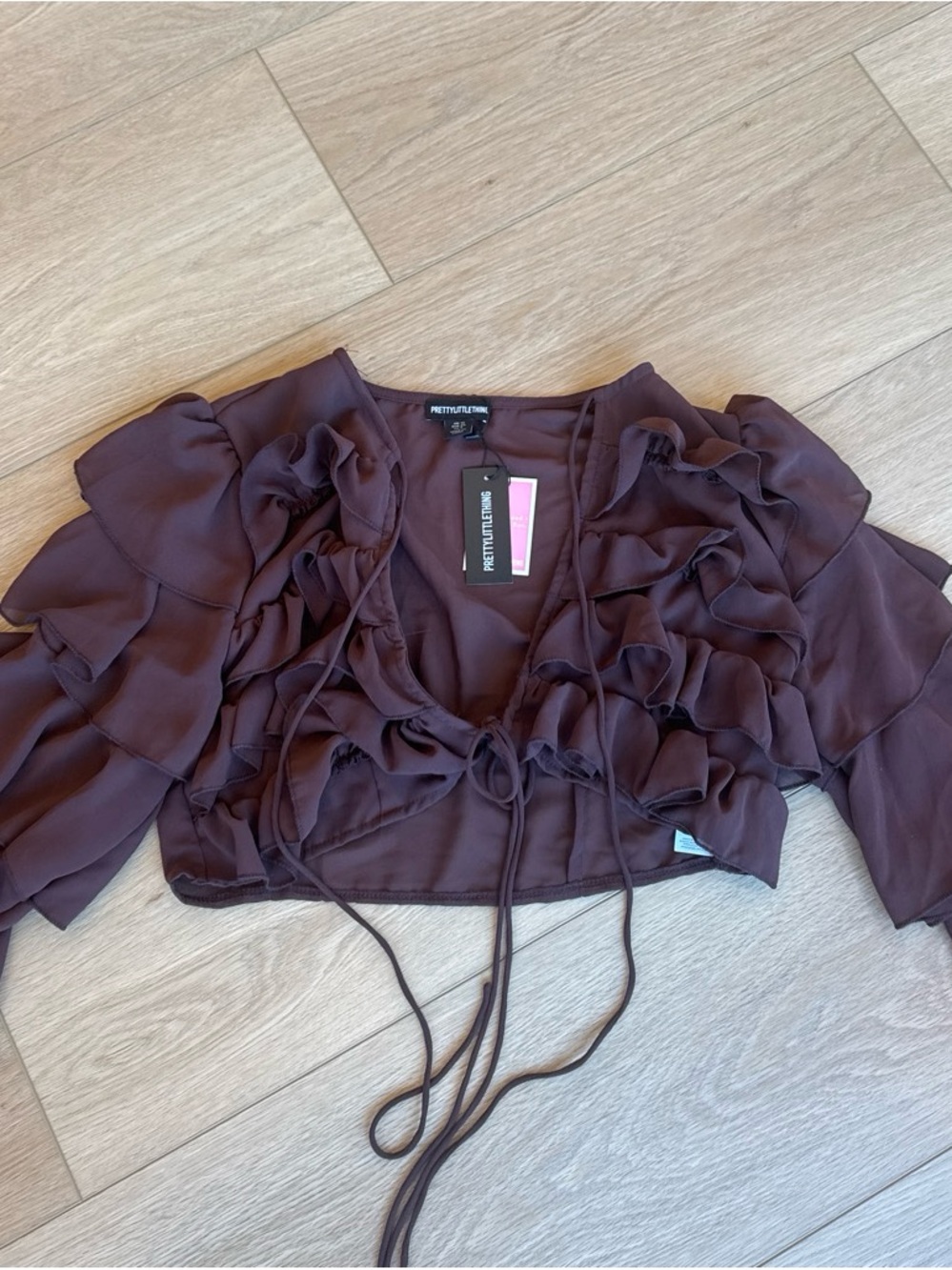 PrettyLittleThing Brown Ruffle Tie-Front Crop Top